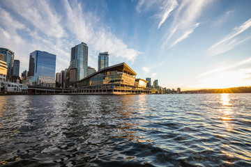 View of Vancouver Convention Centre from the water. Taken in Downtown during a beautiful cloudy sunset.