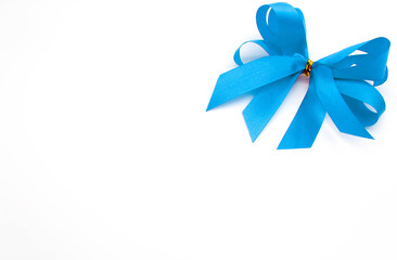 light blue ribbon gift bow isolate on white background, text space