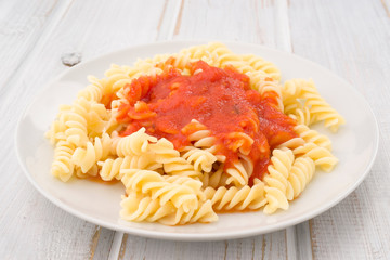 fusilli, pasta with tomato sauce