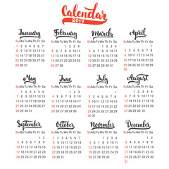 Calendar 2017 design template vector isolated on the white background. The first day of the week is Sunday. Set of 12 months lettering inscription.