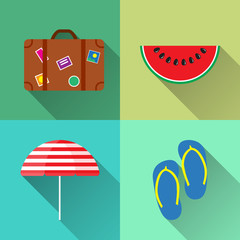 Fototapeta premium Set of Four summer icons - Suitcase, Parasol, Step-ins and Watermelon in flat style with long shadow.