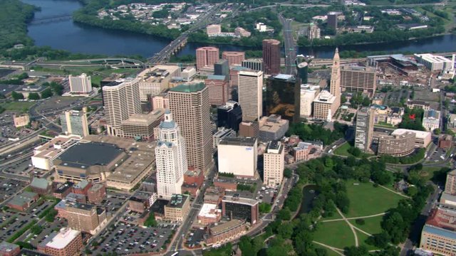 Flying over civic landmarks in Hartford, Connecticut. Shot in 2003.