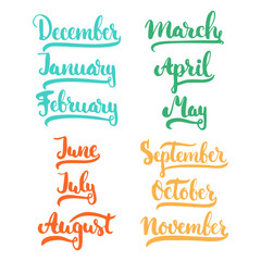 12 month of year - January, February, March, April, May, June, July, August, September, October, November, December,colorful brush ink sign isolated on the white background