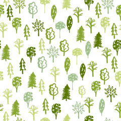 Forest - hand drawn seamless pattern with sketch green trees illustration isolated on the white background.