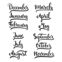 12 month of year - January, February, March, April, May, June, July, August, September, October, November, December, brush ink sign isolated on the white background. Winter, Spring, Summer, Autumn.
