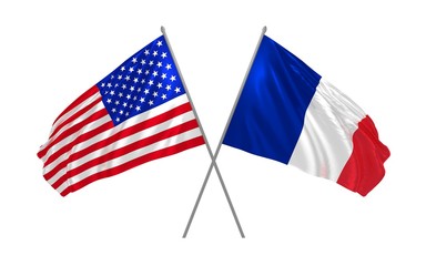 3d illustration of USA and France flags waving in the wind
