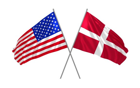 3d illustration of USA and Denmark flags waving in the wind