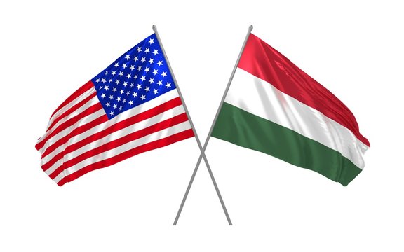 3d illustration of USA and Hungary flags waving in the wind