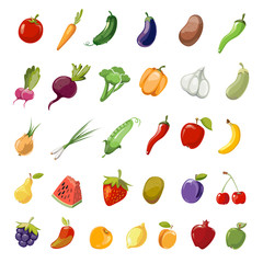 Cartoon fruit and vegetables organic healthy. Vector icons collection of fruit cherry, pomegranate and kiwi. Set of vegetables eggplant, carrot and cucumber illustration