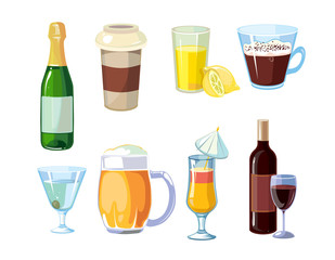 Alcoholic and non alcoholic drinks. Different beverages with bottles and glasses. Vector icons