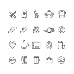 Airport thin line vector icons. Signs for airport wifi and coffee. Service airport for passenger illustration