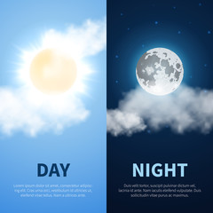 Day and night vector time concept background with sun and moon icons. Weather with sun day and moon night. Illustration banner sun and moon with cloud
