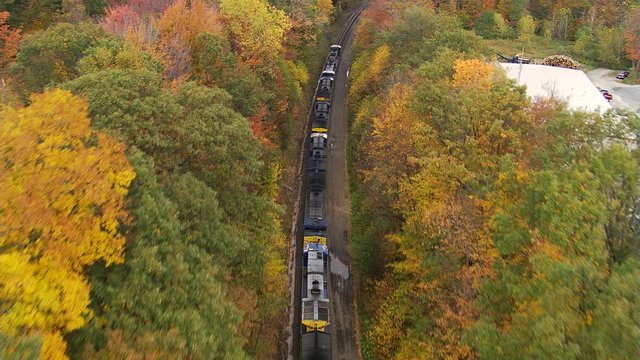 Low flight above train traveling through Massachusetts woods