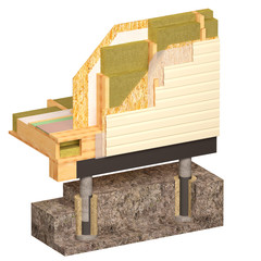 Three-dimensional image of the concept of building a frame house. Fragment of wall insulation of walls and floors.