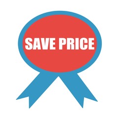 Save price white wording on background red ribbon