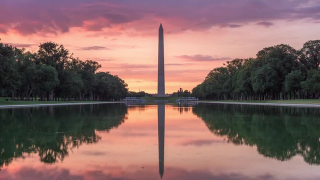 Washington Monument on the Reflecting Pool in Washington DC, USA.