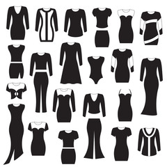 Fashion icons collection, black isolated on white background, vector illustration.