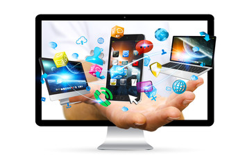 Colorful tech devices and icons applications in businessman hand