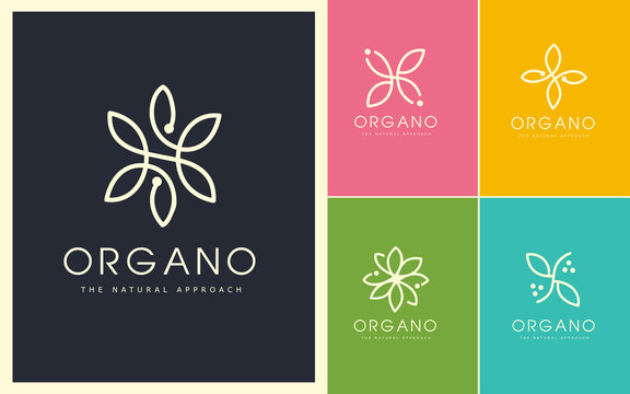 Organic Vector Logo Set. Linear and Natural Emblem Design. Cosmetic, Beauty, Spa, Leaf, Ecology, Monogram made with leafs.