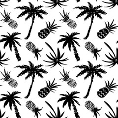 Seamless pattern with palm trees, pineapples
