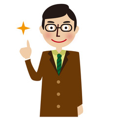 茶色のスーツの男性　指さし　上半身