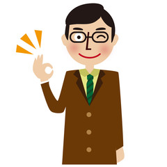 茶色のスーツの男性　上半身　OKポーズ