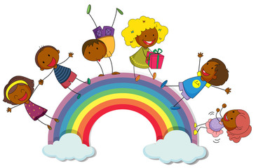 Obraz na płótnie Canvas Happy children standing on rainbow