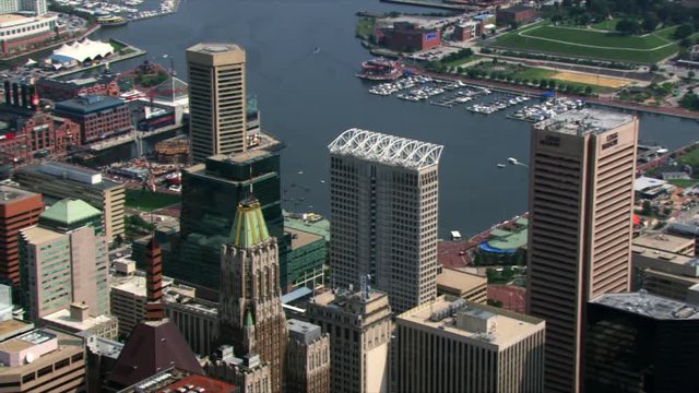 Flight over downtown Baltimore and Inner Harbor. Shot in 2003.