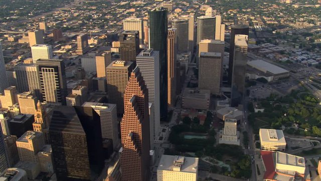 Flight past downtown Houston high-rises in afternoon light. Shot in 2007.