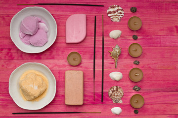 soap bar and colored sea salt in plate
