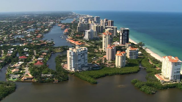 Aerial over residential islands along Florida coast