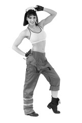 colorless portrait of builder woman in uniform