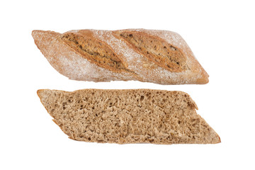 Black small bread cut in half isolated on white