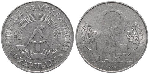 Two East German mark coin formerly used in the GDR