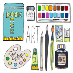 Art supplies for drawing. Cartoon vector set with paints, palette, sketchbook and other materials