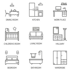 Set of line vector interior design room types icons.