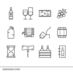 Vector line icons with wine and winemaking symbols.