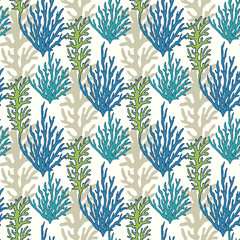 Vector underwater repeating pattern. Seamless seaweed background with colorful tropical corals