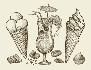 Obrazy na Szkle  Jedzenie, desery, napoje. Ręcznie rysowane vintage lody, lody, czekolada, słodycze, koktajl, lemoniada. Szkic ilustracji wektorowych