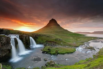 Printed roller blinds Kirkjufell Amazing sunset the top of Kirkjufellsfoss waterfall with Kirkjufell mountain in the background on the north coast of Iceland's Snaefellsnes peninsula taken white a long shutter speed.