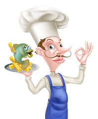 Cartoon Chef With Fish and Chips