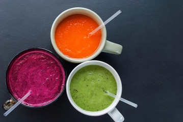 Fresh Juice Smoothie Color Vegetables Bowls Top View