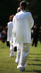 fans of martial arts Tai Chi with white silk dress during the co
