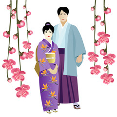 Japanese couple in traditional costumes and sakura branches with flowers. Hand drawn vector illustration on white background