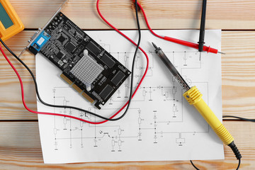 Electrical drawing with tools, top view