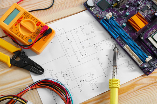 Electrical drawing with tools closeup