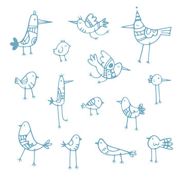 Cute cartoon birds set. Vector contour image no fill. Doodle style. Children's illustration. Funny animals.