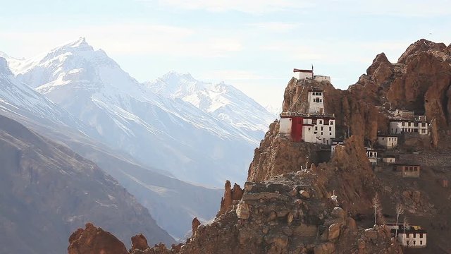Dhankar Gompa Monastery (3894 m) at sunset. Spiti valley, Himachal Pradesh, India.