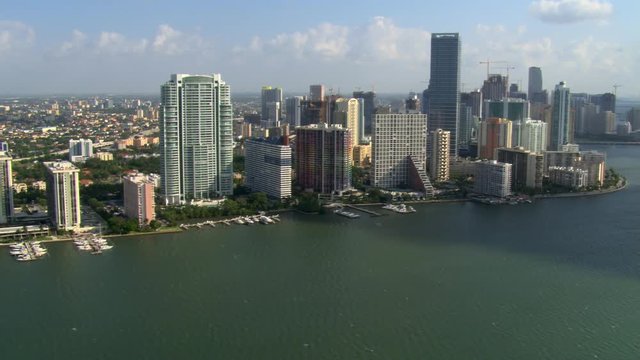 Panorama of Miami waterfront skyscrapers from above Biscayne Bay. Shot in 2007.