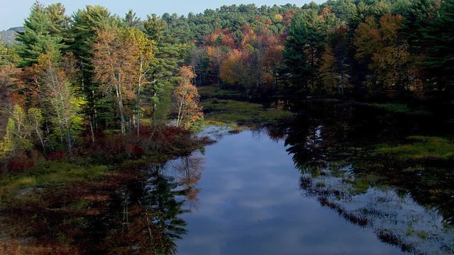 Wide aerial view of secluded New England lake